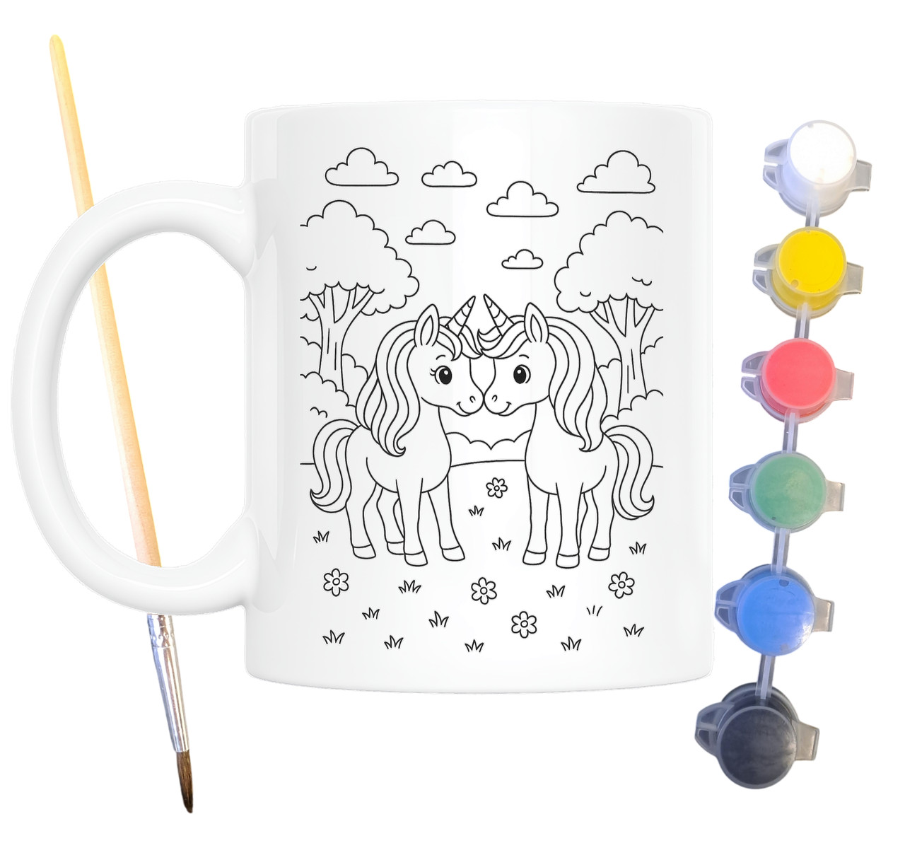 Набір для творчості кружка розмальовка Єдинороги у лісі 330 мл біла (КР0136), фото 1
