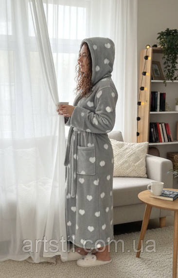 Довгий махровий теплий жіночий халат сірий з серцями, фото 1