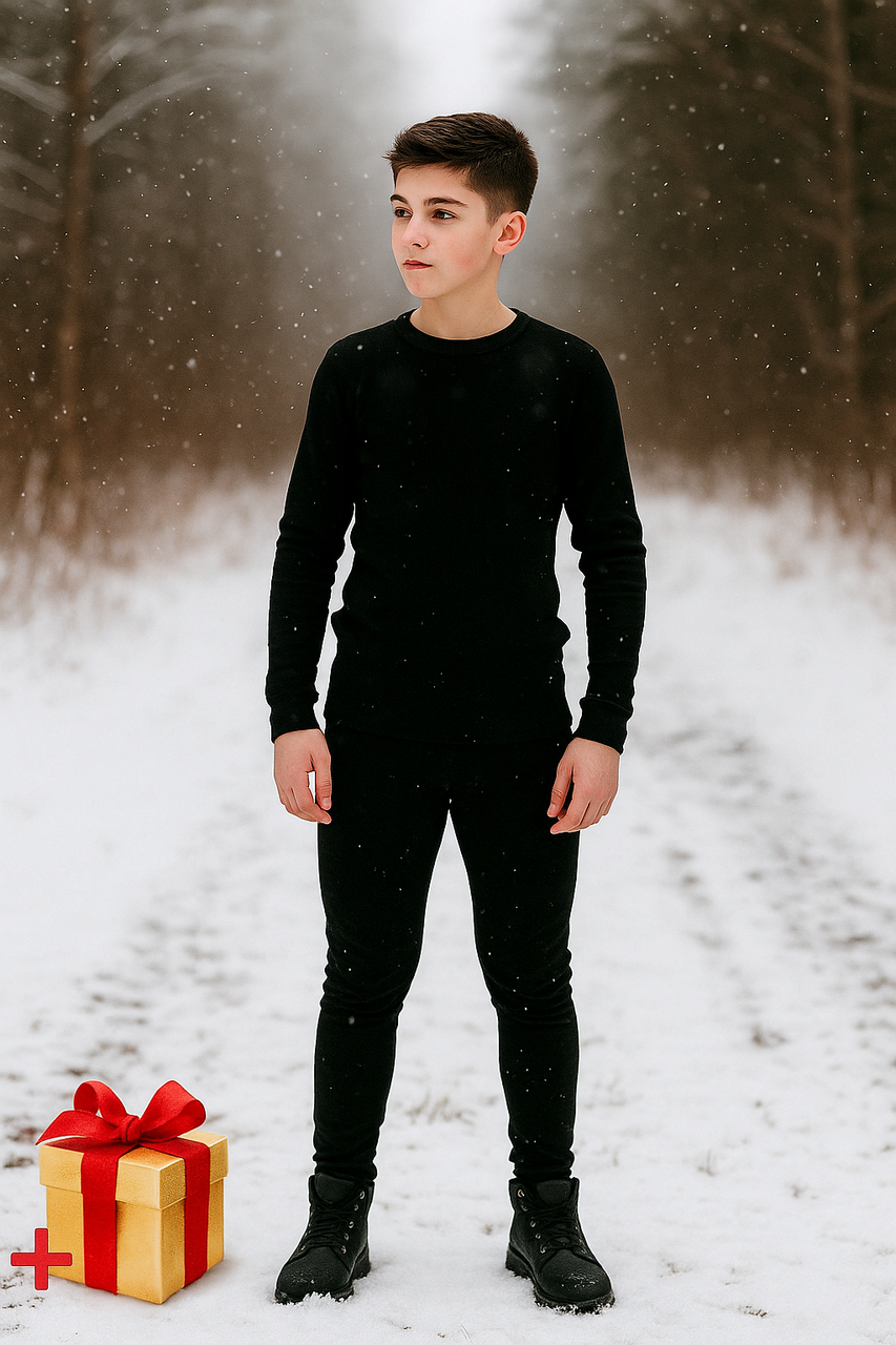 Комплект підліткової термобілизни Чорний розмір S - М Термобілизна підліткова спортивна тепла (лонгслів + штани), фото 1
