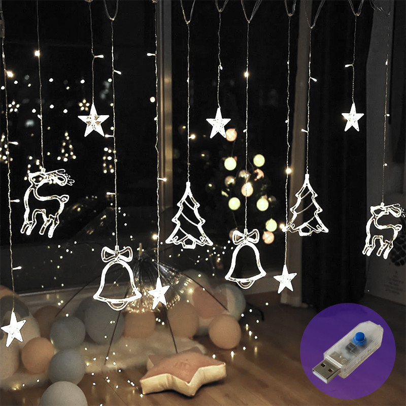 Світлодіодна новорічна гірлянда з формами Дзвінок, Ялинка, Олень 2.5 метра, колір свічення білий USB. Гірлянда штора