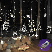 Світлодіодна новорічна гірлянда з формами Дзвінок, Ялинка, Олень 2.5 метра, колір свічення білий USB. Гірлянда штора