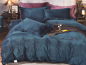 Тепла постільна білизна з велюру Monica півторашній розмір - темно синій