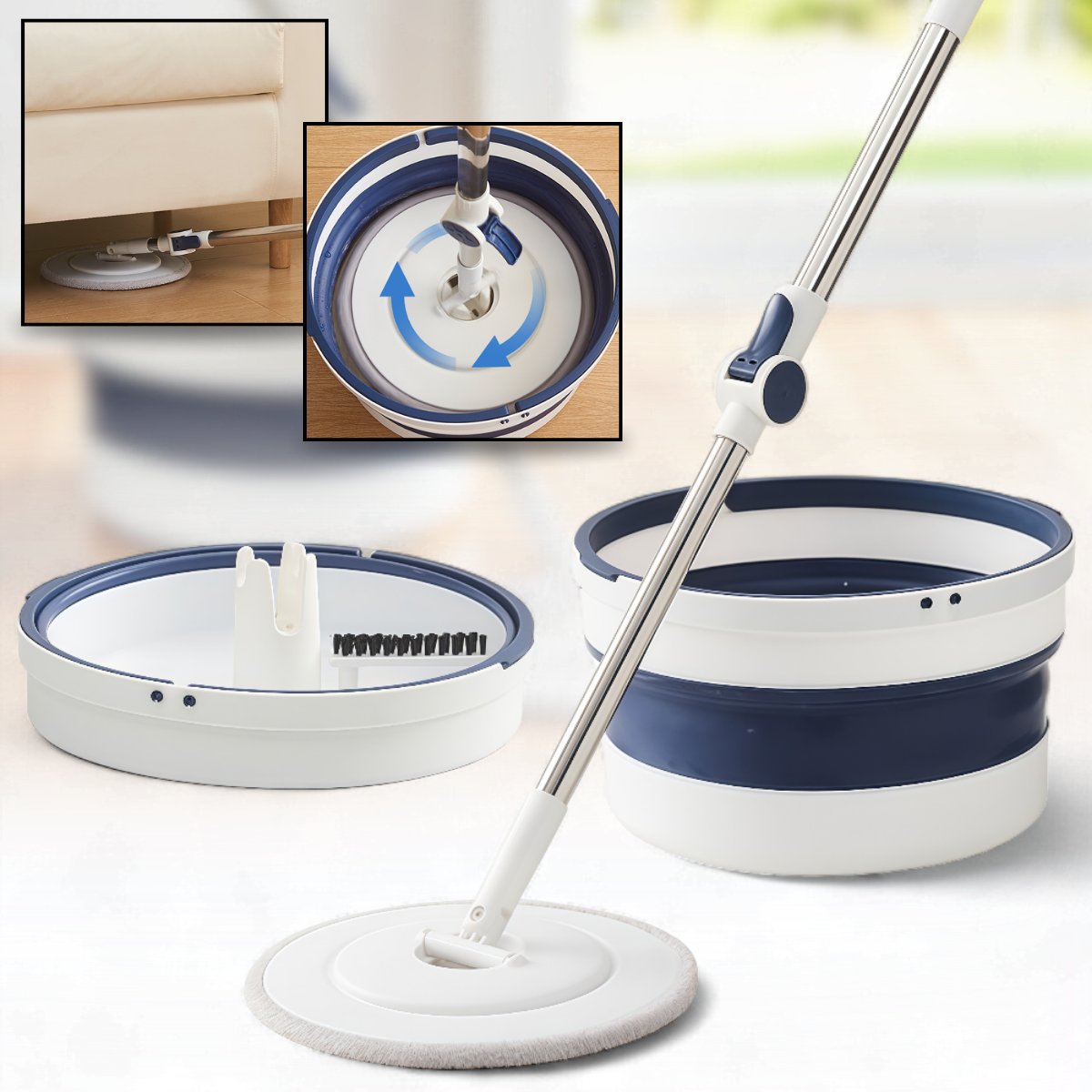 Кругла швабра з телескопічною ручкою, відром і обертовою системою віджиму, фото 1