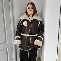 Куртка жіноча дублянка хутро екошкіра кишені 50 коричнева 52