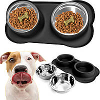 Подвійна миска для собак із піддоном 450 мл силікон+метал.