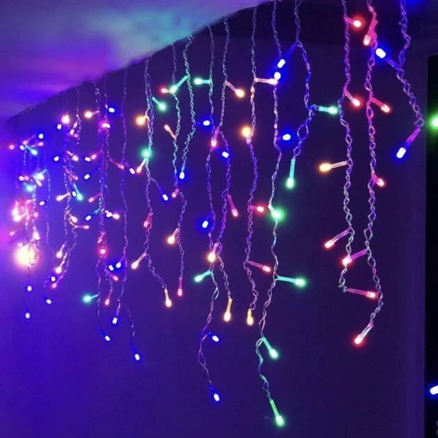 Новорічна світлодіодна гірлянда бахрома, прозорий шнур, 3*0,5 м, 120 LED, 220 V колір свічення мультик.