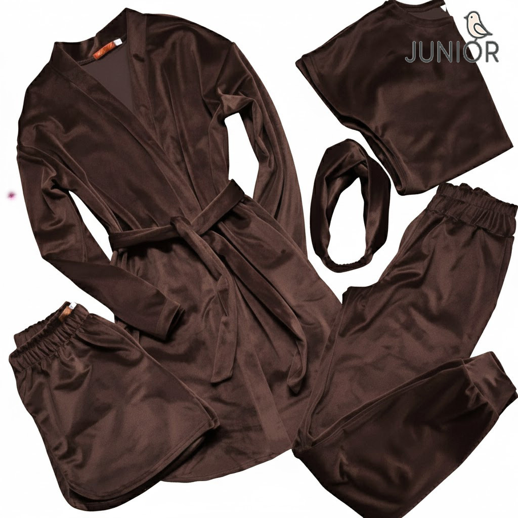 Жіночий домашній комплект 5 в 1 Коричневий Піжама та халат жіночій Велюровий комплект для дому, фото 1