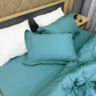 Комплект постільної білизни Страйп-сатин Двоспальний 180х220 з простирадлом на резинці 160х200х25 Лазурний (88-187)