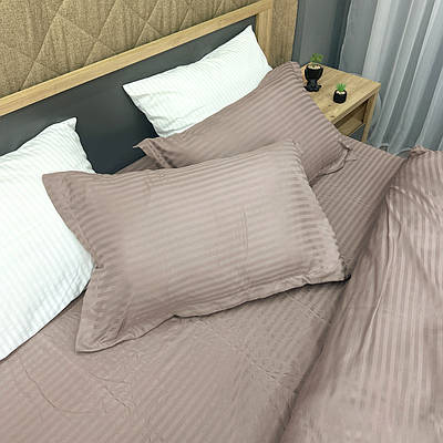 Комплект постільної білизни Страйп-сатин Двоспальний 180х220 з простирадлом на резинці 160х200х25 Сіро-бежевий (88-183)