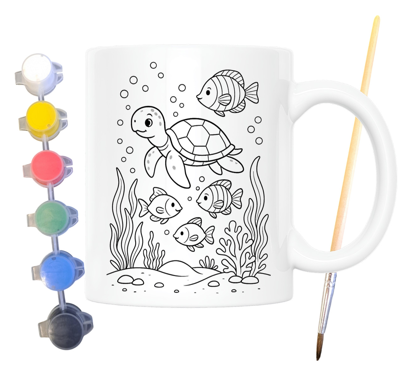 Набір для творчості кружка розмальовка Черепаха та рибки 330 мл біла (КР0160), фото 1