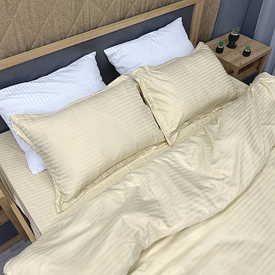 Комплект постільної білизни Страйп-сатин Двоспальний 180х220 з простирадлом на резинці 160х200х25 Молочний (88-169)