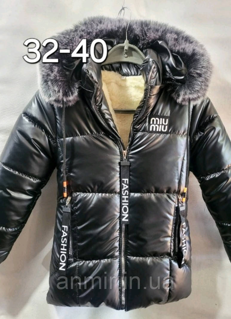 Куртка зимова підліткова з капюшоном MIU MIU для дівчинки розмір 32-40, чорного кольору