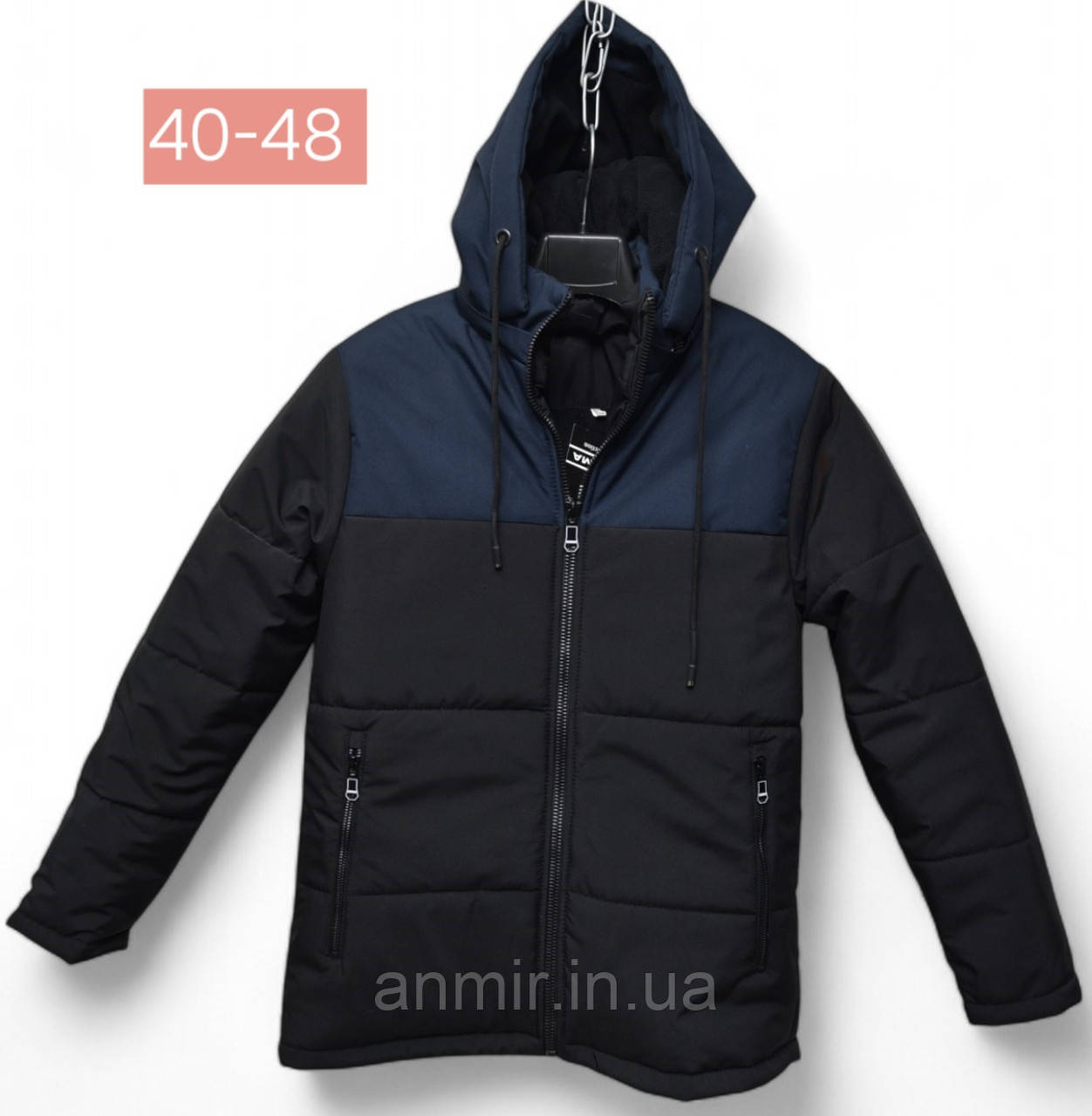 Куртка зимова підліткова двоколірна з капюшоном для хлопчика розмір 40-48, колір чорний із синім