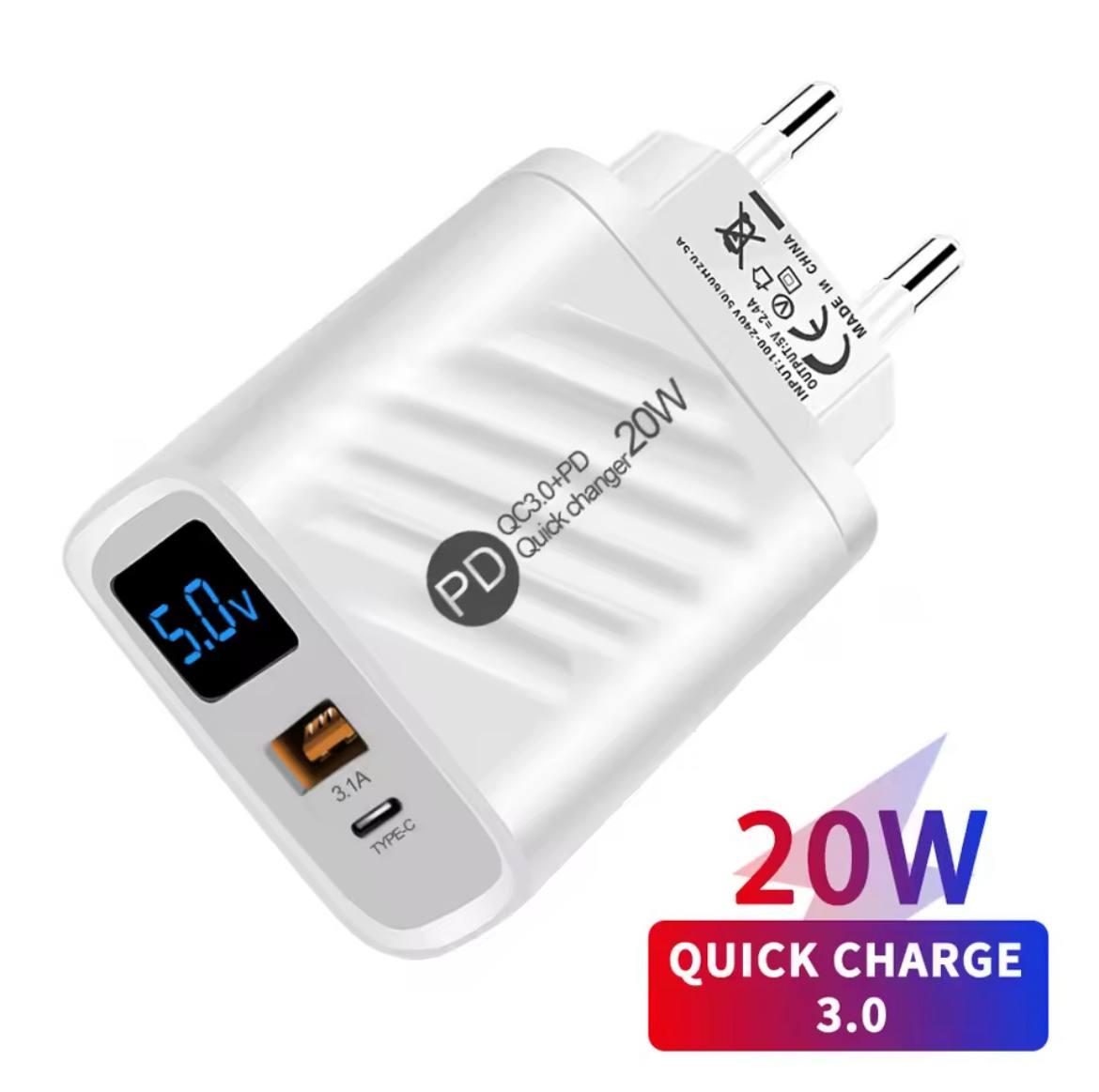 Мережевий зарядний пристрій QC 3.0 + PD 20 W, 2 порти (USB + Type-C), Швидке заряджання, фото 1