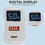 Мережевий зарядний пристрій QC 3.0 + PD 20 W, 2 порти (USB + Type-C), Швидке заряджання, фото 3