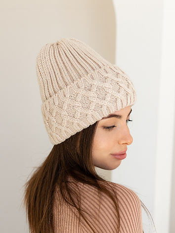 Жіноча зимова шапка «Вікторія» з шерсть 20% орнаментом та флісовою підкладкою Бежевий, фото 1