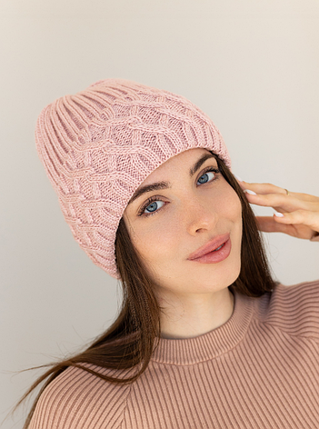 Жіноча зимова шапка «Вікторія» з шерсть 20% орнаментом та флісовою підкладкою світло Рожевий, фото 1