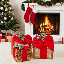 Набір подарунків новорічний золотий декор з бантами під ялинку 3 шт