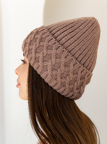 Жіноча зимова шапка «Вікторія» з шерсть 20% орнаментом та флісовою підкладкою світло Коричневий, фото 2