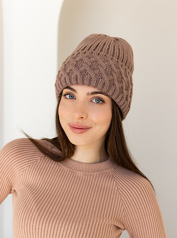 Жіноча зимова шапка «Вікторія» з шерсть 20% орнаментом та флісовою підкладкою світло Коричневий, фото 1