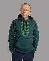 Чоловіча зелена тепла кофта худі з яскравою вишивкою в салатових відтінках