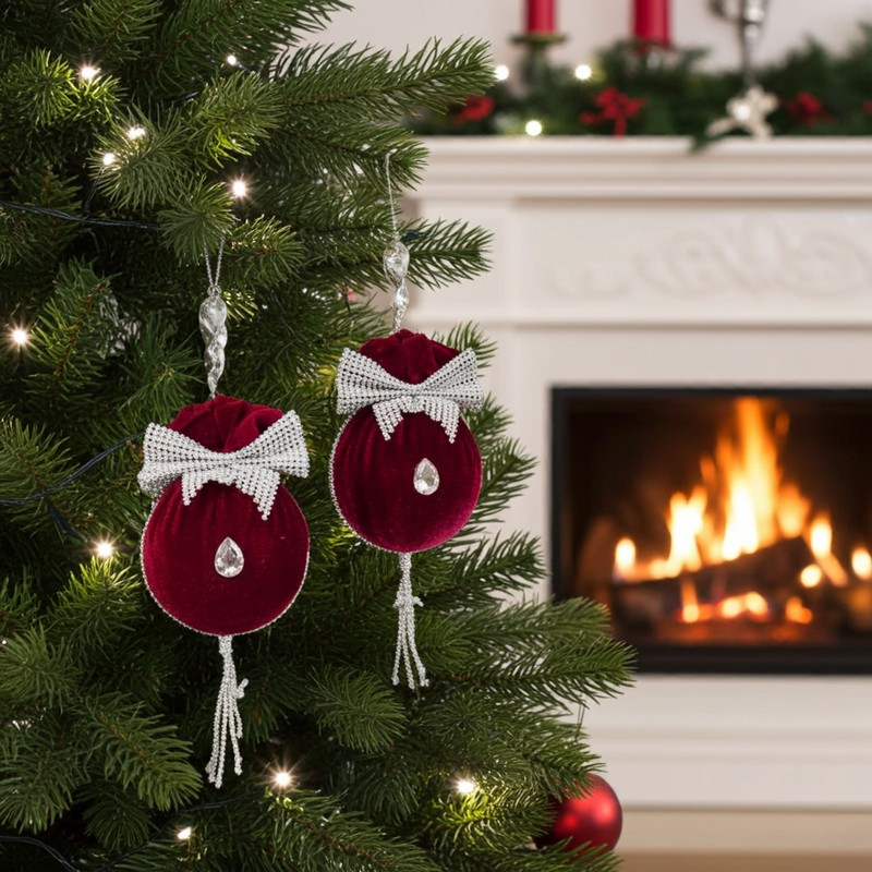 Новорічні кулі на ялинку оксамитові Бантик бордовий набір 6 шт D-8 см, фото 1