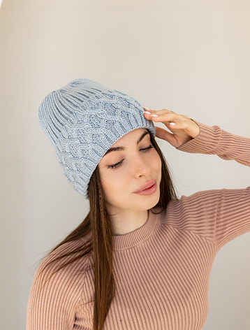 Жіноча зимова шапка «Вікторія» з шерсть 20% орнаментом та флісовою підкладкою Блакитний, фото 1