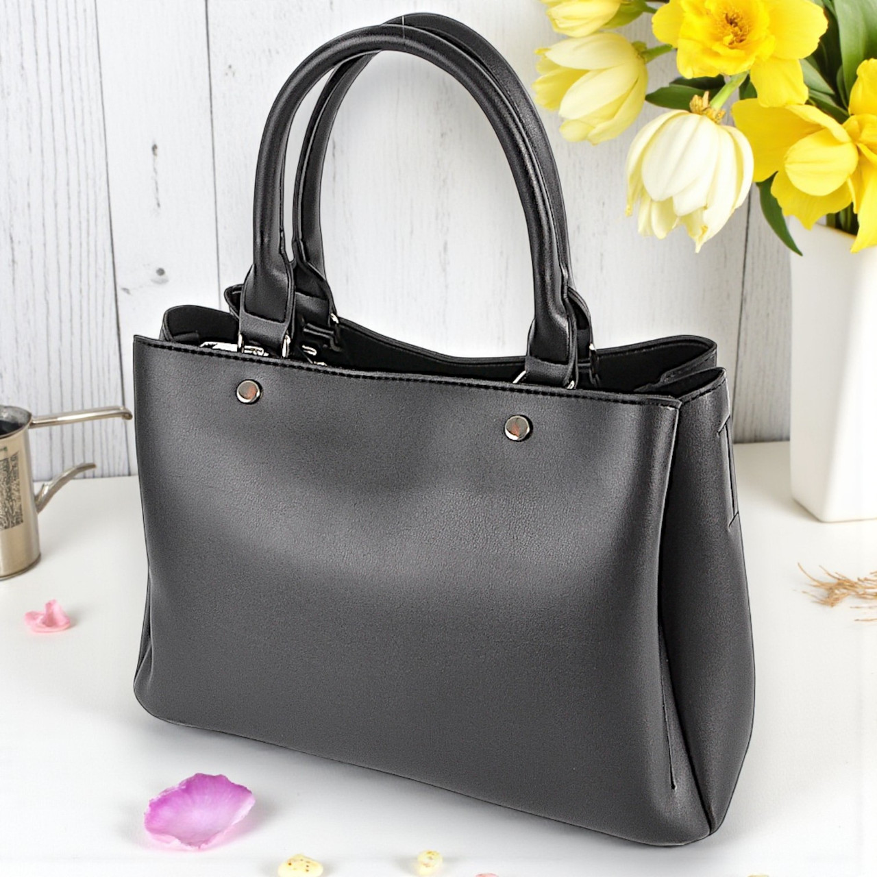 Жіноча сумка через плече велика чорна з плечовим ременем з екошкіри на три відділення, фото 1