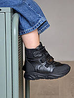 Дитячі зимові чорні шкіряні ортопедичні черевики на липучках з супінатором 31 розмір, фото 2