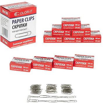 Скріпки 28 мм канцелярські металеві для паперу Набір 1000 штук (10 коробочок по 100 шт)