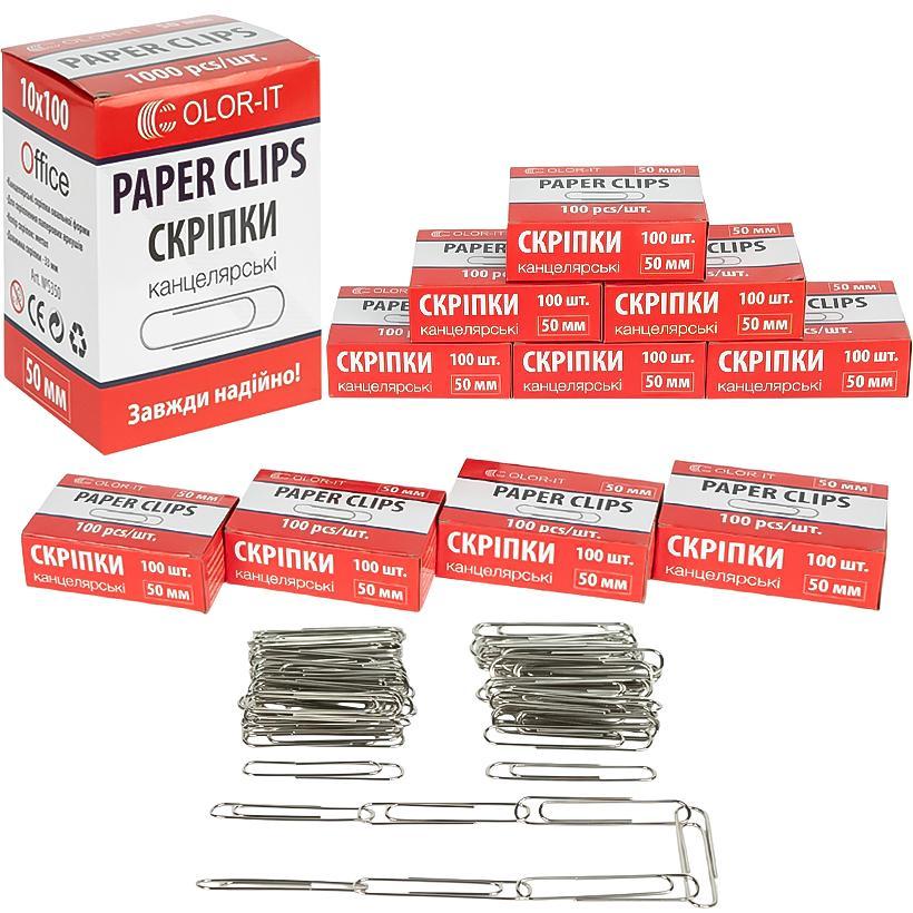 Скріпки 50 мм канцелярські металеві для паперу Набір 1000 штук (10 коробочок по 100 шт), фото 1