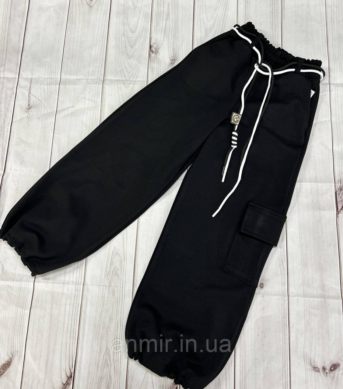 Штани підліткові КАРГО з кишенею трикотаж на байці для дівчинки 9-13 років, чорного кольору