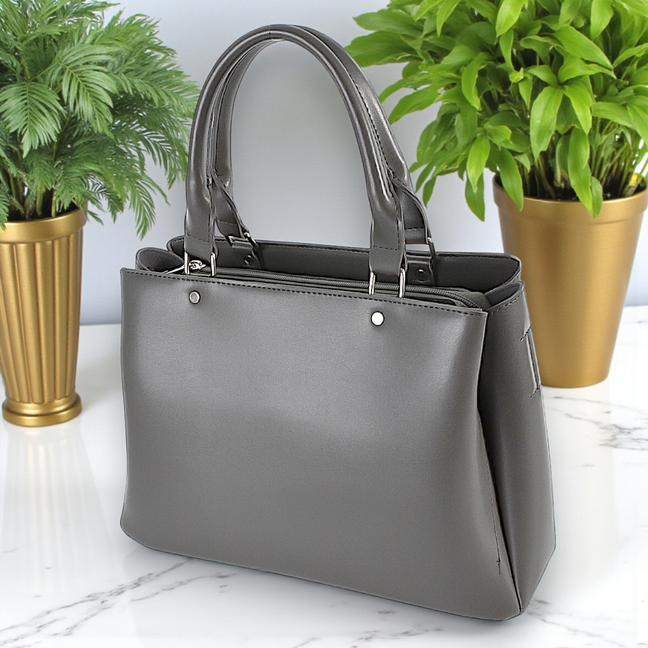 Жіноча сумка через плече велика графіт з плечовим ременем з екошкіри на три відділення, фото 1