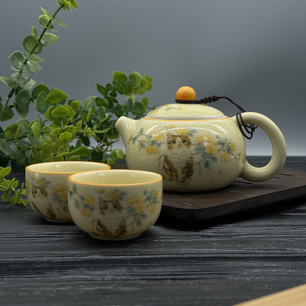 Чайний набір на двох із чайником СіШі Світлий чайний набір Кошеня, фото 1