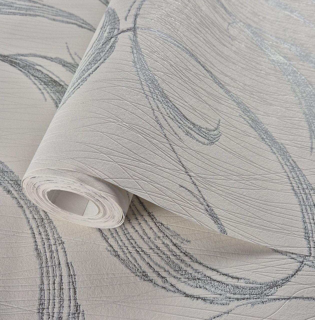 Шпалери вінілові 0.53 × 10.05 м Marburg 53436, молочні з сірим малюнком для спальні, вітальні, кабінету, фото 1