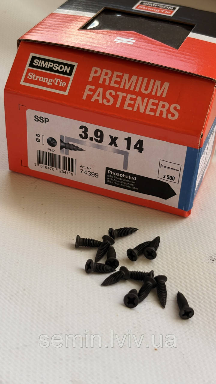 Саморіз Simpson  для гіпсокартонних профілів та сталевих листів 3.9x14 мм (упаковка 500шт), фото 1