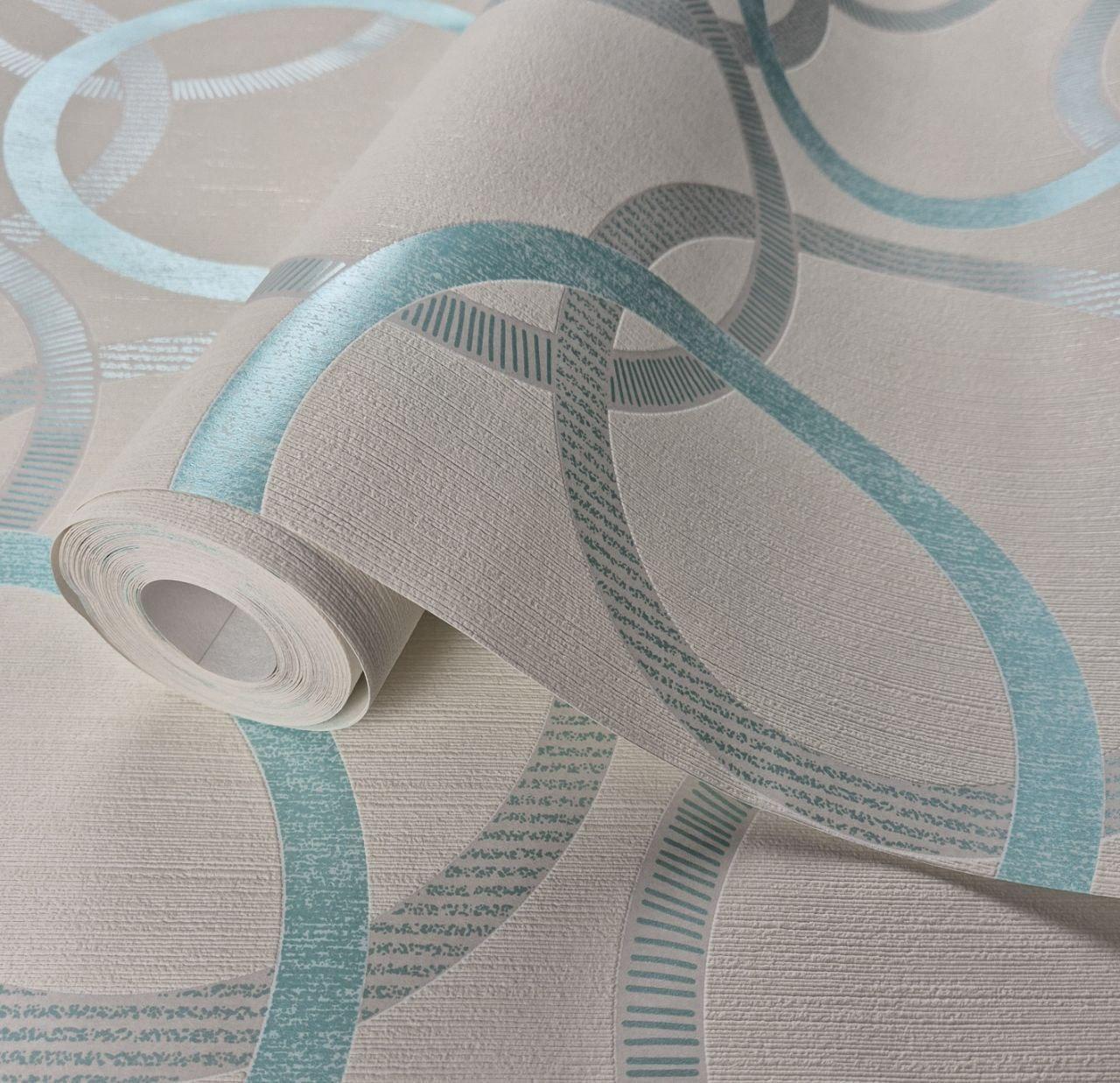 Шпалери вінілові 0.53 × 10.05 м Marburg 53411, молочні з блакитними колами для сучасного інтер’єру, фото 1