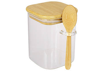 Скляна квадратна банка з бамбуковою кришкою і ложкою 450 мл