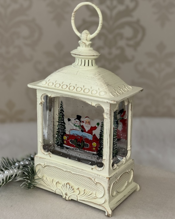 🤍Новорічний музичний ліхтарик з автопіддувом "Санта зі сніговиком на машині", Нічник від USB або батарейок, Білий, фото 1