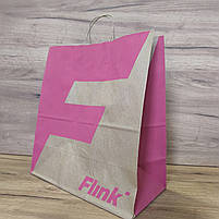 Крафт пакет коричневий з ручками 320*160*350 мм з рожевим принтом, папір ІМПОРТ 100 г/м2 для доставки продуктів, одягу, фото 2