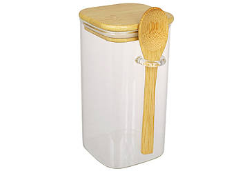 Скляна квадратна банка з бамбуковою кришкою і ложкою 700 мл