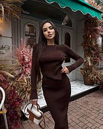 Жіночий в’язаний костюм у рубчик лонг та довга спідниця з розрізом – стиль, комфорт і турецька якість для ідеального образу