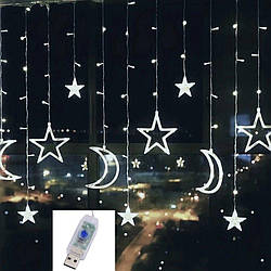 Гірлянда штора з фігурами зірка і місяць 2.5м*1м USB білий MA139USBwhite (1ящ.=30шт.)