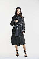 Дублянка натуральна жіноча довга з капюшоном з в'язкою сіра Punto