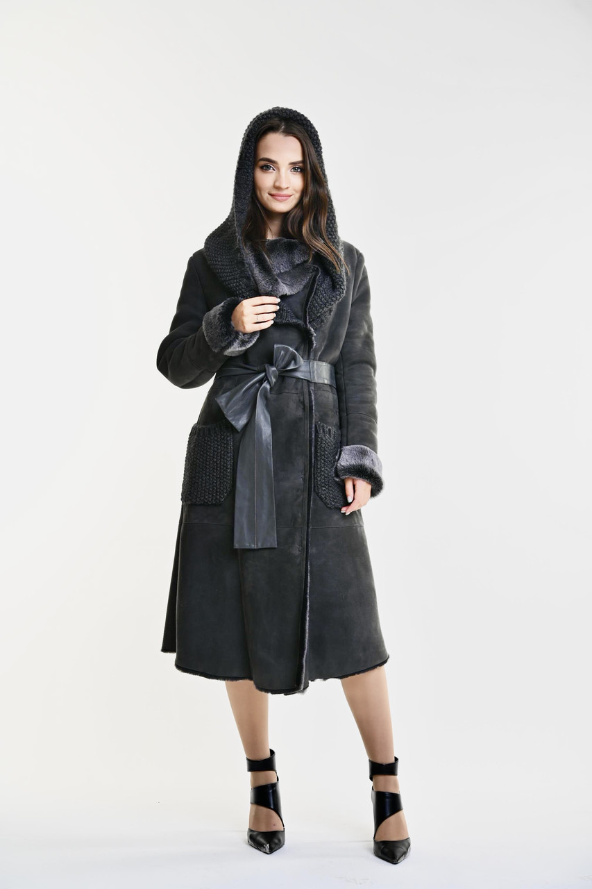 Дублянка натуральна жіноча довга з капюшоном з в'язкою сіра Punto, фото 1