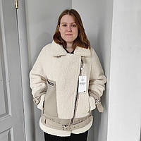 Куртка жіноча косуха зимова Тедді кармани еко шкіра 50 світло бежевий
