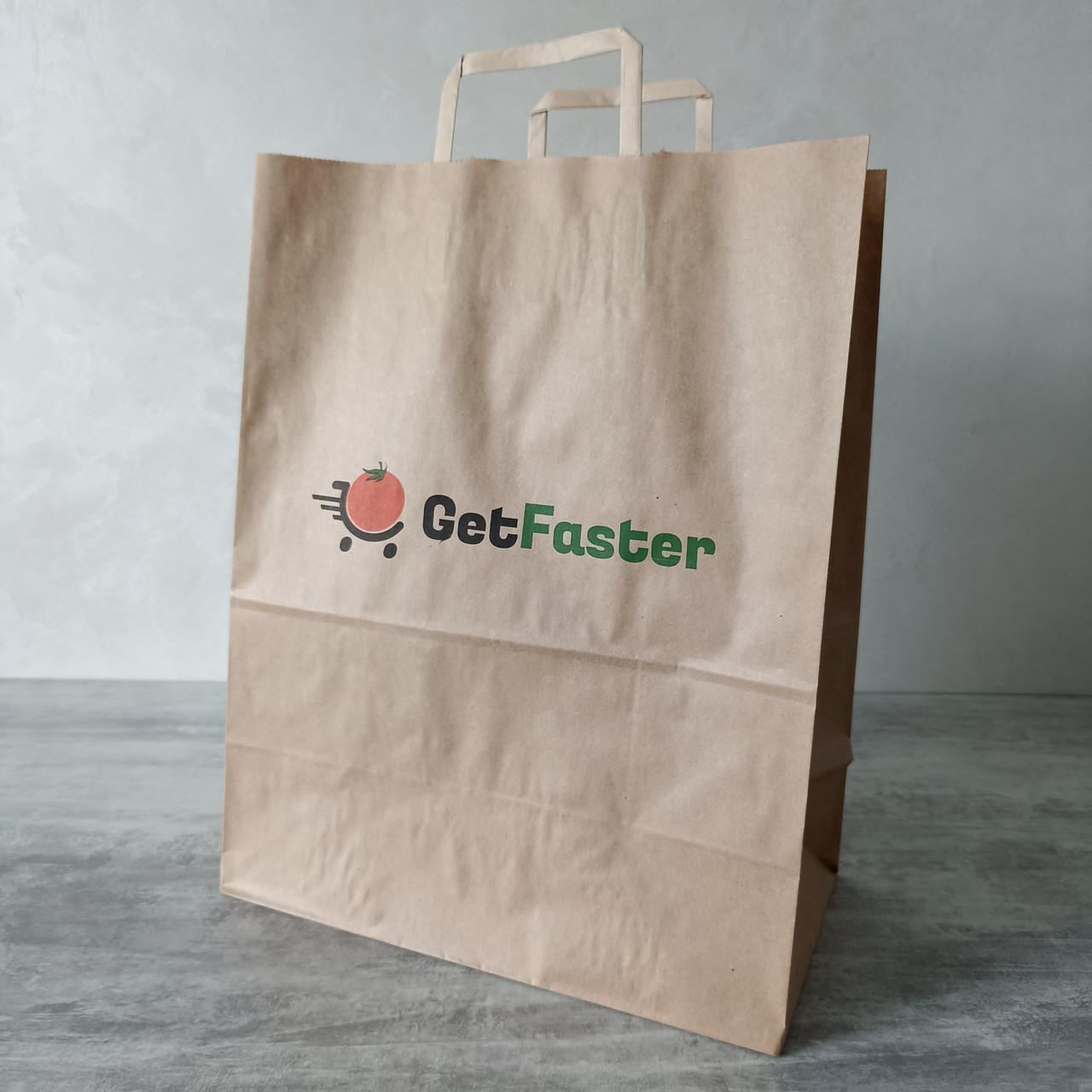 Крафт пакет коричневий з пласкими ручками 320*170*400 мм з принтом GetFaster, папір ІМПОРТ 80 г/м2, фото 1