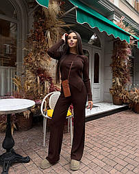Жіночий в’язаний костюм у рубчик з топом лонг і штанами – стильна новинка сезону Осінь/Зима 2025