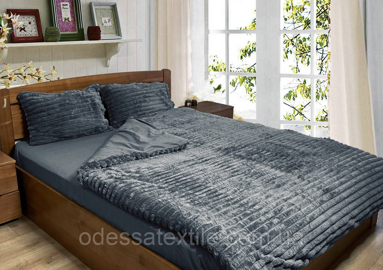 Плюшевий комплект постільної білизни мікрофібра+бязь ТЕТ-@-ТЕТ Графіт (двоспальний розмір), фото 1