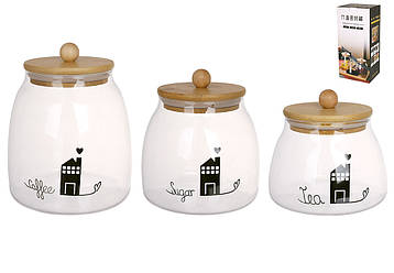 Набір (3шт) скляних банок Tea Sugar Coffee 550/ 750/ 950мл